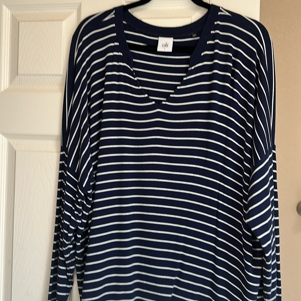 Cabi  navy Blue and White Boxy slub”Long Sleeve Tee